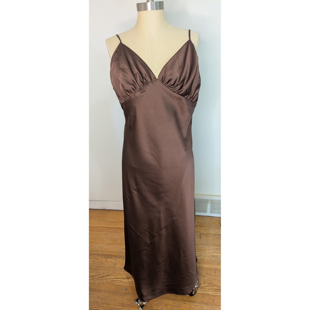 Abercrombie & Fitch Brown Satin Midi Slip Dress Ruched V-Neck Large - Picture 2 of 7